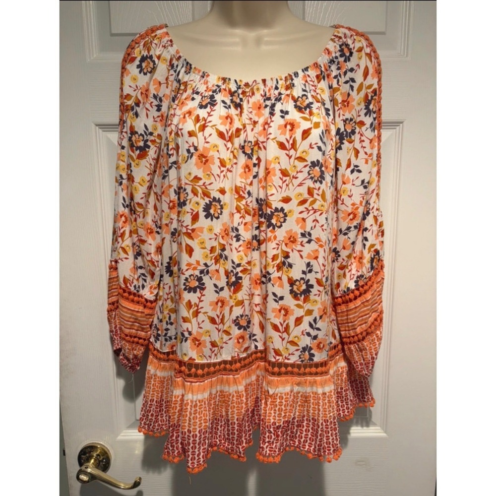 Fever Apricot Buff Floral Boho Pom Pom Trim Blouse Top M0304373FS Womens Medium